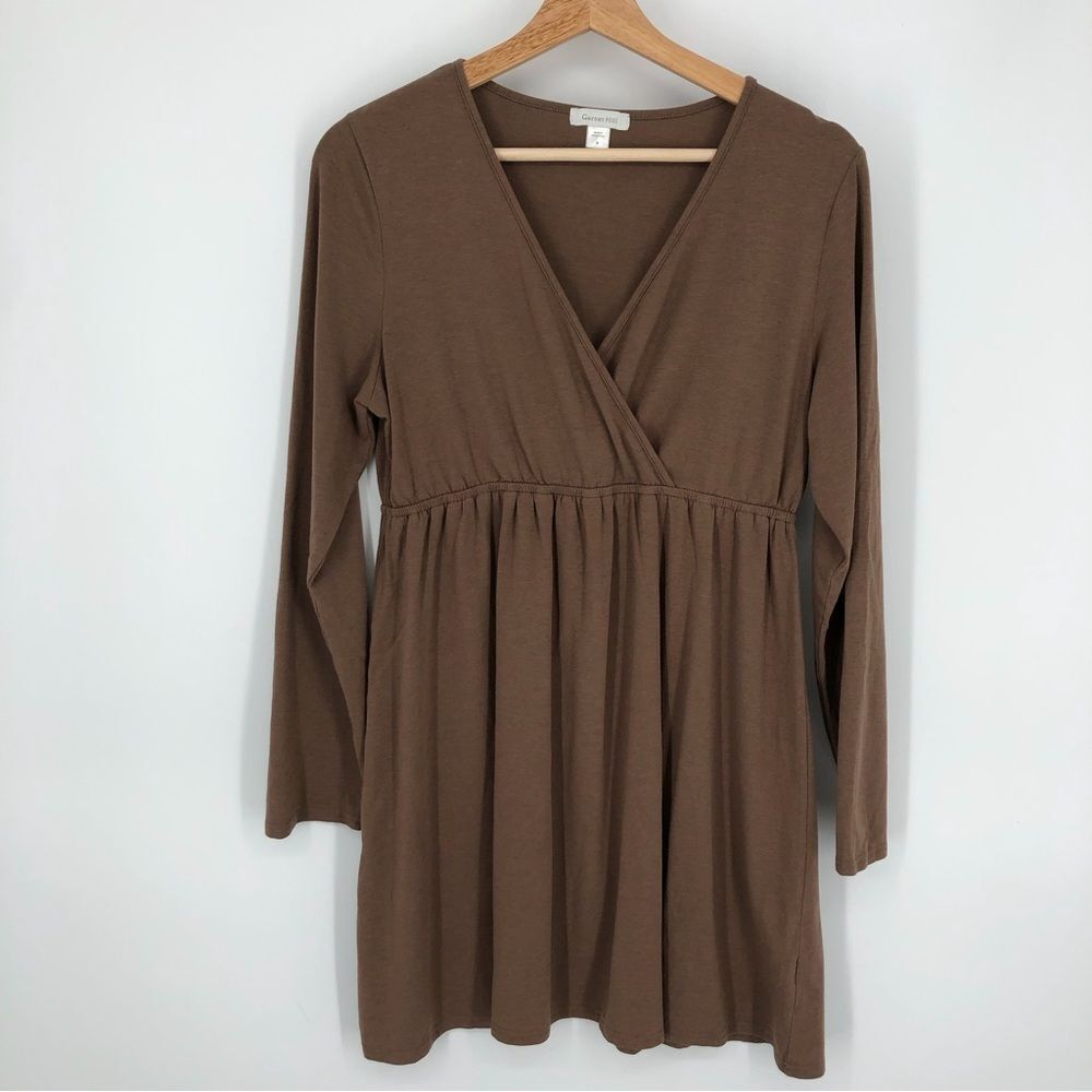 Garnet Hill Babydoll Surplice Tunic Top Womens Medium Brown Long Sleeve Stretchy